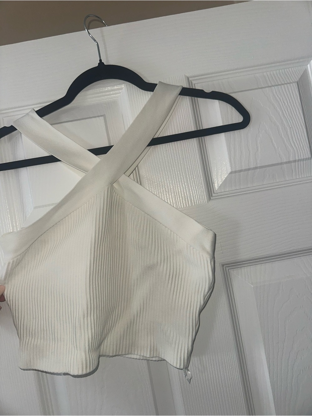 debut White Cross-Over Ribbed Crop Top